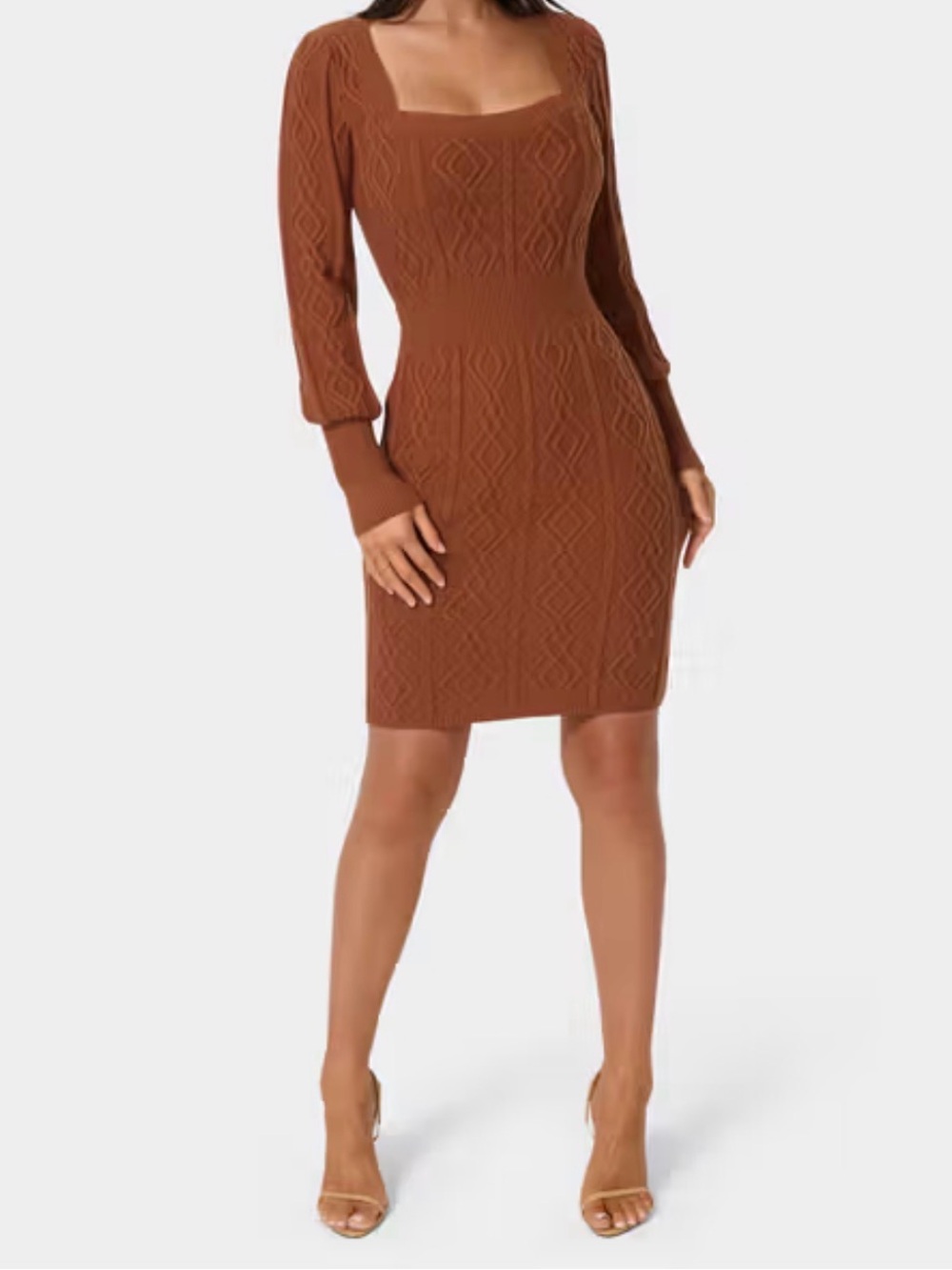 bebe Rust Cable-Knit Square Neck Long-Sleeve Dress Super Soft Cozy Comfy Size M